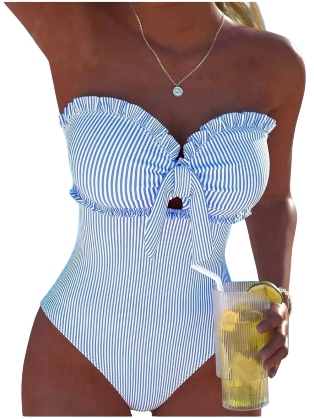 NEW Shein Women’s Blue and White Striped Lace Ruffle One-Piece Swimsuit size XL